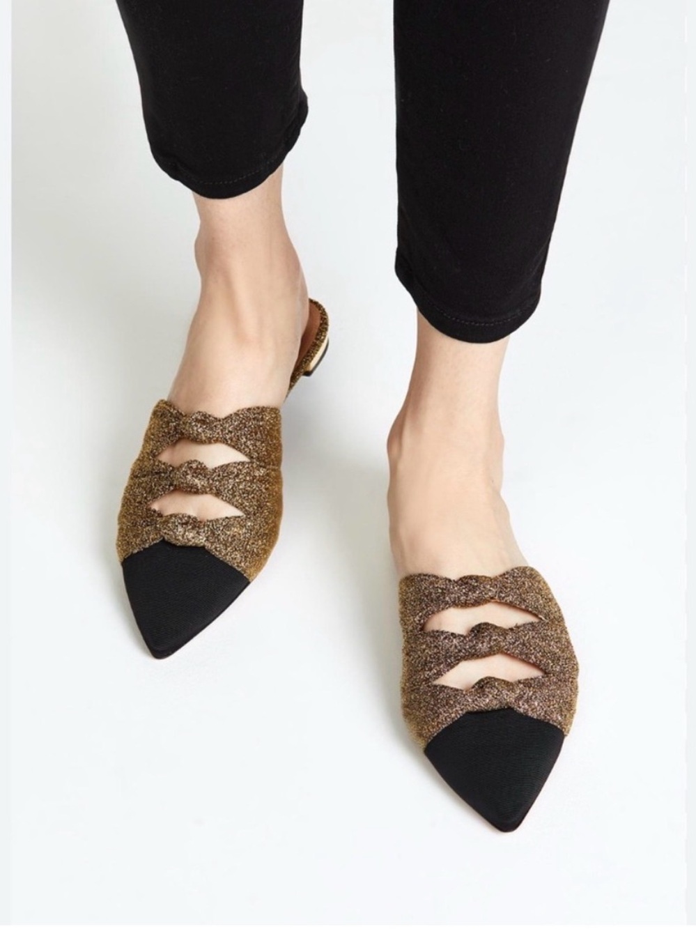 Aquazzura Black Pointed Toe Gold Glitter Scalloped Mules